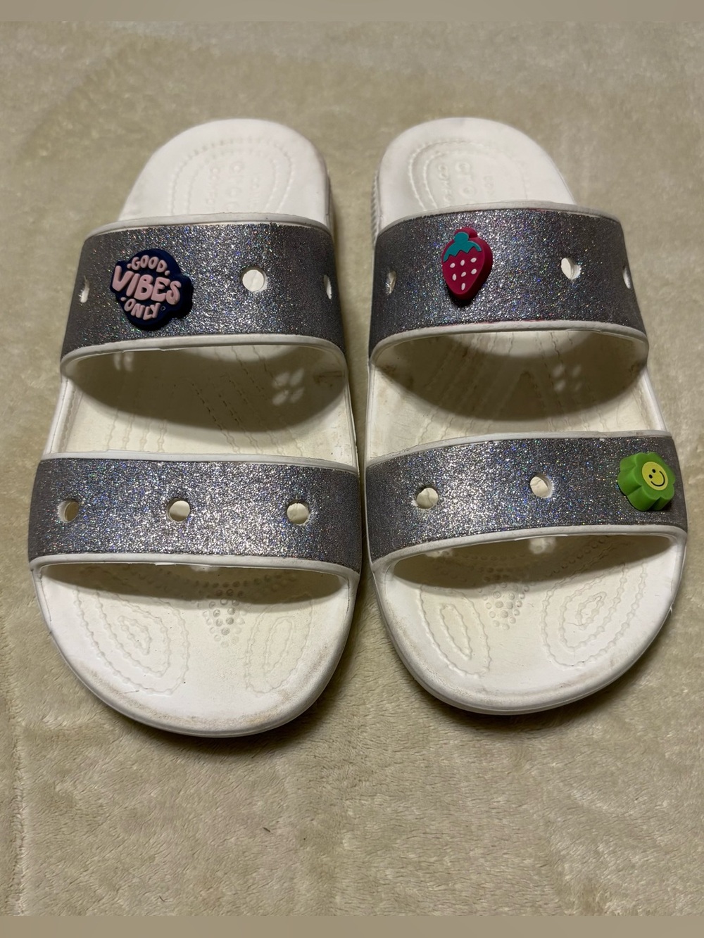 CROCS Women’s Silver Glitter Double-strap Slide Sandals with White Footbed
